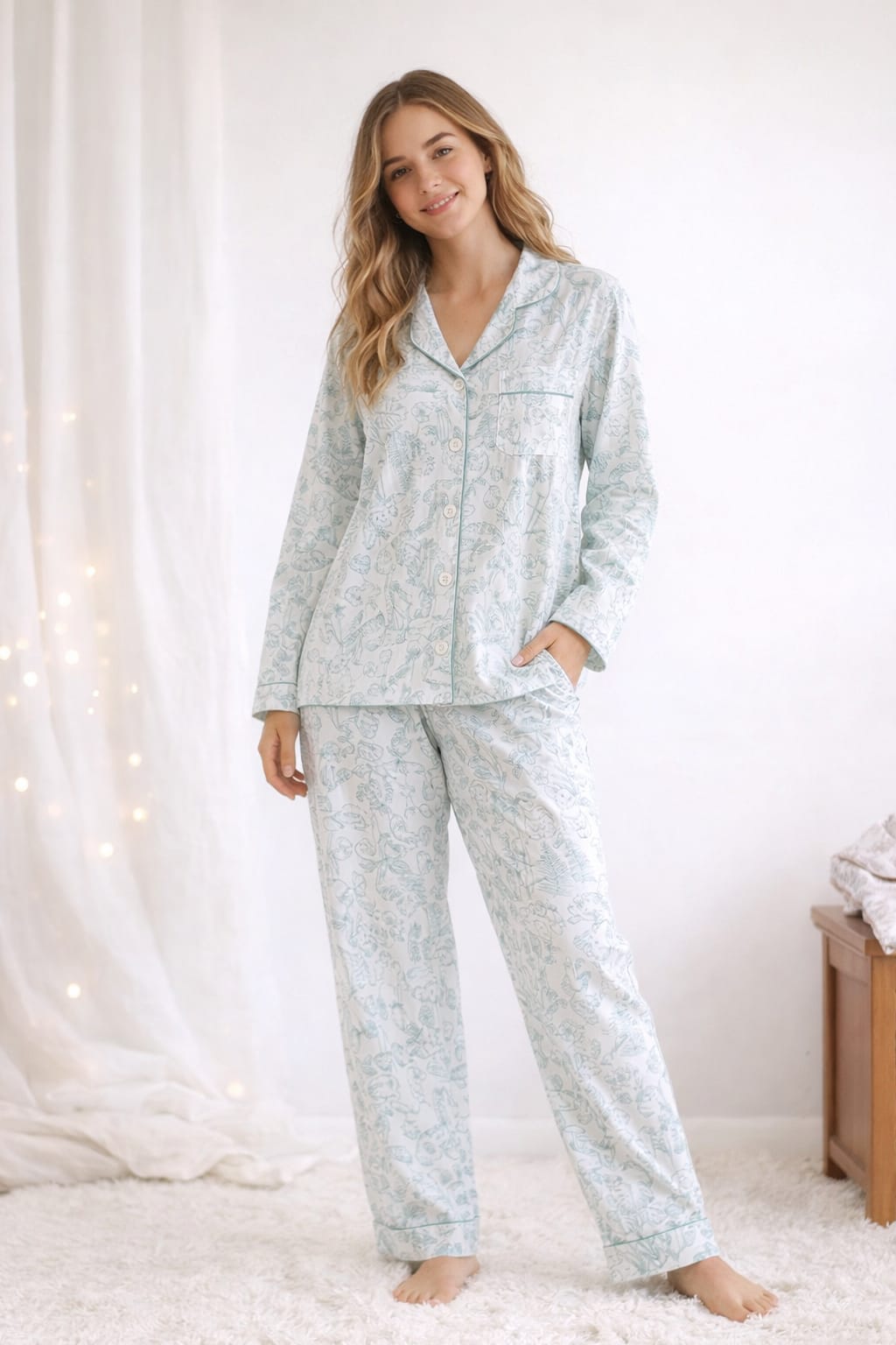 Conjunto Pijama Largo Dama Bosque Verde Agua
