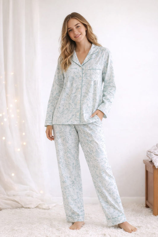 Conjunto Pijama Largo Dama Bosque Verde Agua