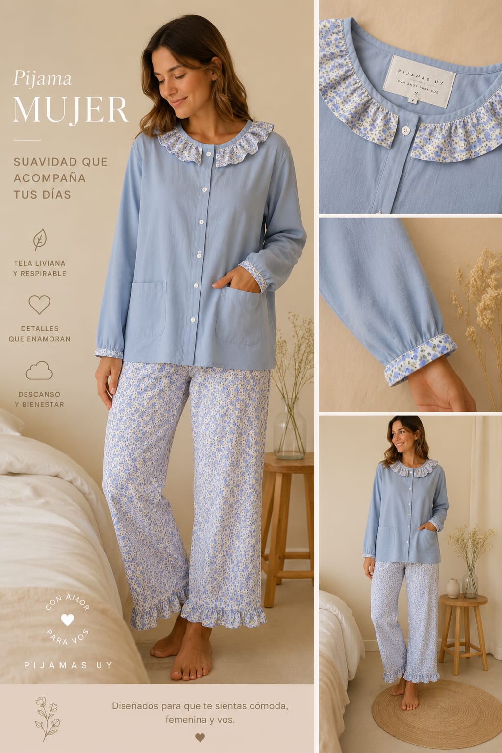 Conjunto Pijama Celeste con Flores