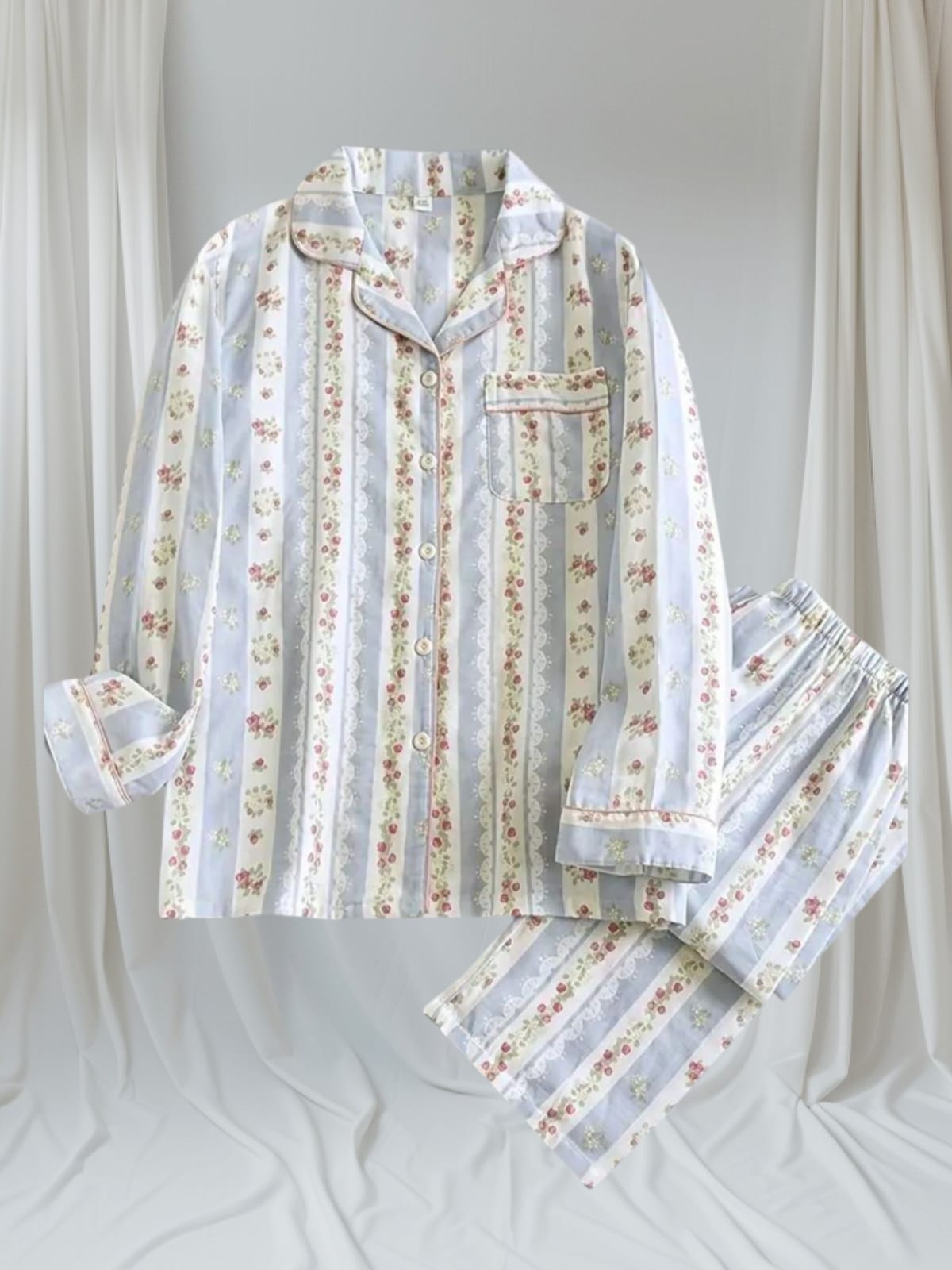 PIJAMA MUJER 2 PIEZAS CELESTE CON FLORES