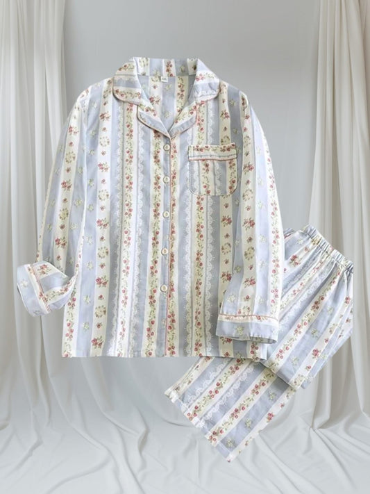 PIJAMA MUJER 2 PIEZAS CELESTE CON FLORES
